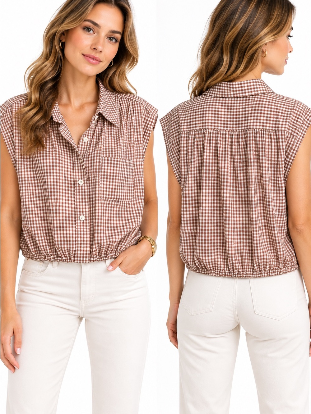 Zara Brown Gingham Cap-Sleeve Button-Down Top